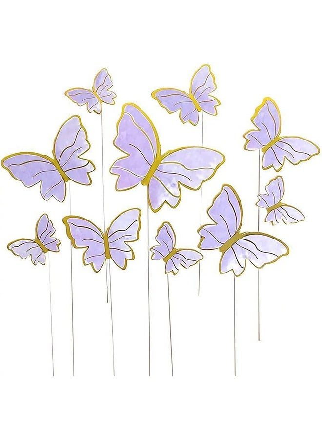 GIFT 11 Pcs Purple Butterfly Cake Toppers Decorations, Mounted Cupcake Decorations, Happy Birthday Metallic Gold Decorations, Butterfly Party Supplies for Decorating Girls Birthdays - Image 2